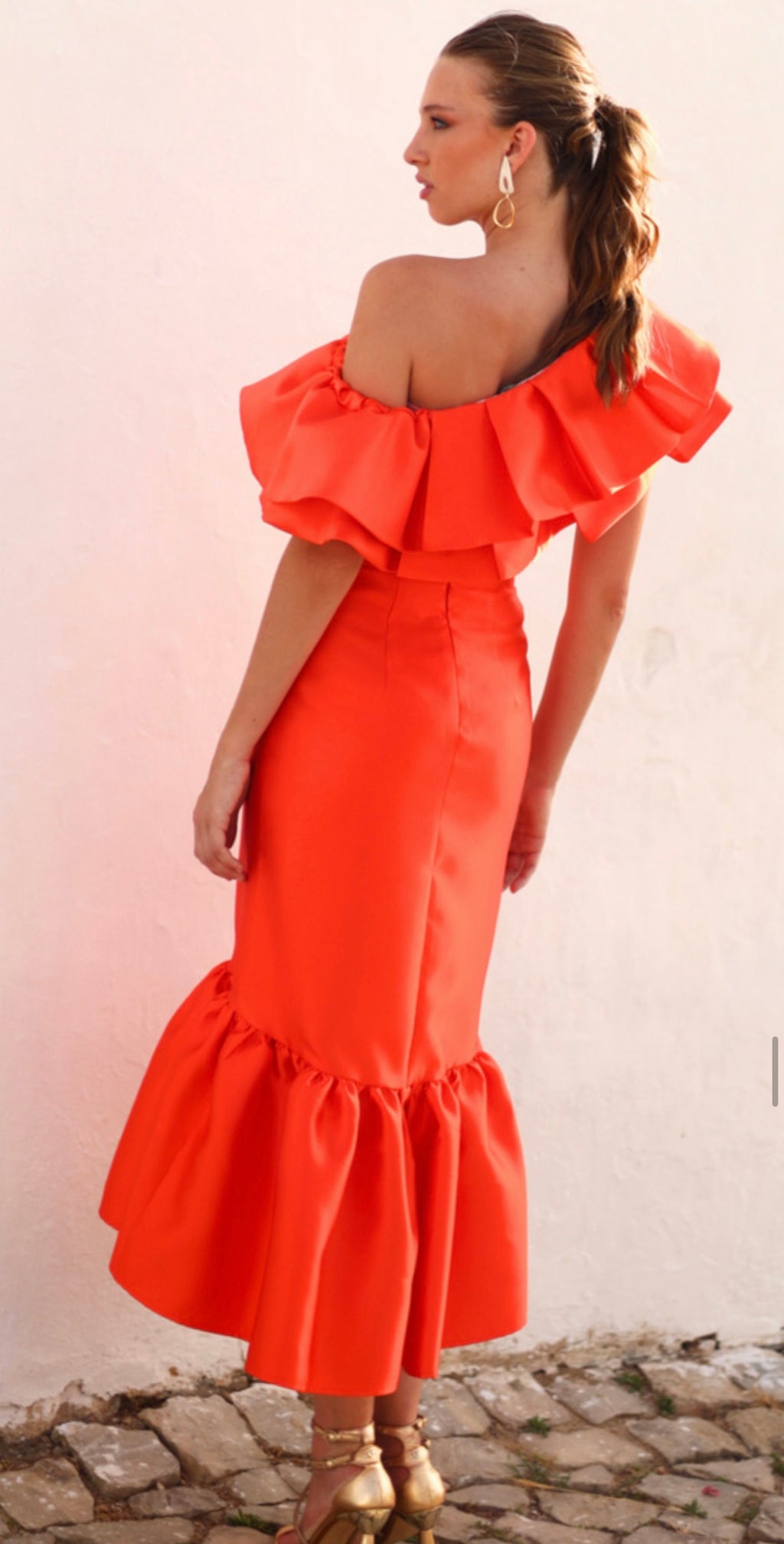 Conjunto falda y top Camelia Naranja intenso (más vivo en persona)