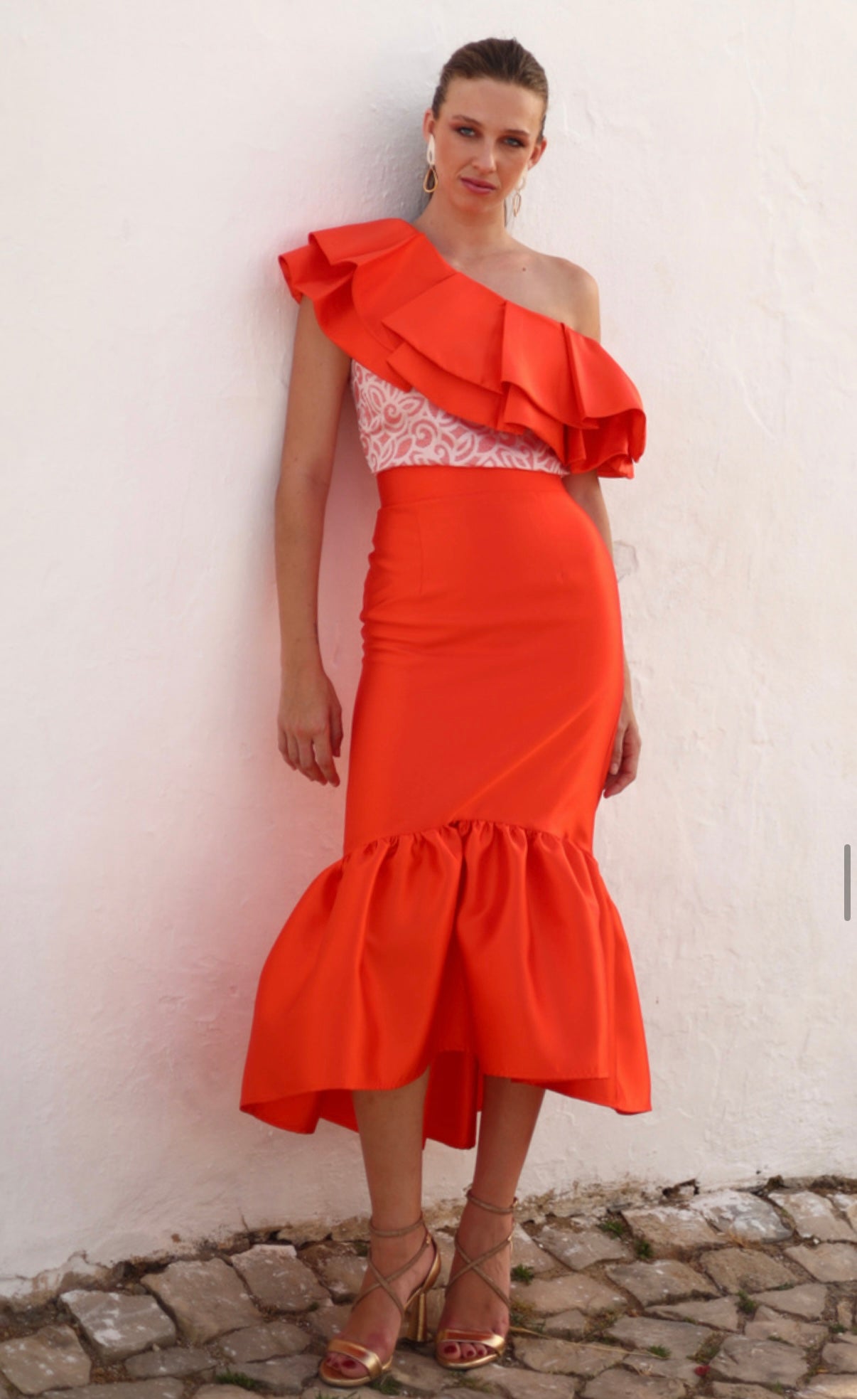 Conjunto falda y top Camelia Naranja intenso (más vivo en persona)